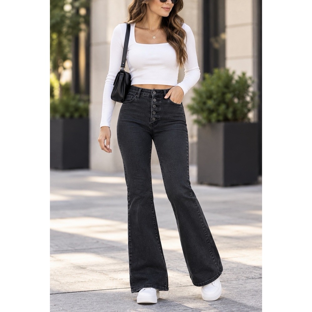 Mother Hollywood Pixie Cruiser Jeans Women's 27 Black High Rise Flare Button Fly